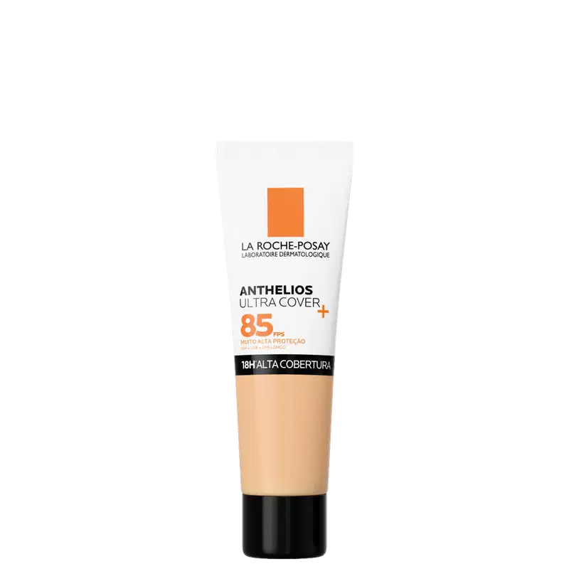 Tubo de protetor solar La Roche-Posay Anthelios Ultra Cover com FPS 85, embalagem branca e laranja, com informações sobre a alta proteção e cobertura.