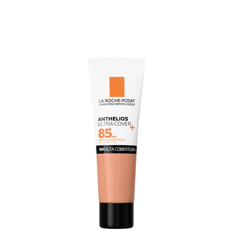 Tubo de protetor solar La Roche-Posay Anthelios Ultra Cover com FPS 85, embalagem branca e laranja, com informações sobre a alta proteção e cobertura.