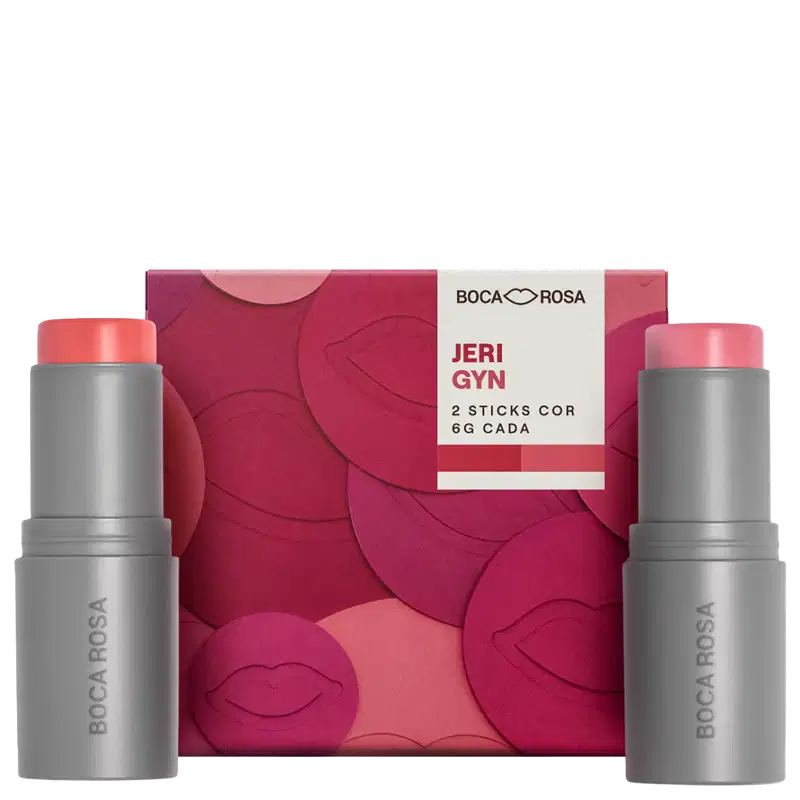 Boca Rosa Jeri Gyn, dois batons cor vermelha e rosa com embalagem cinza e caixa vermelha com padrão de lábios.