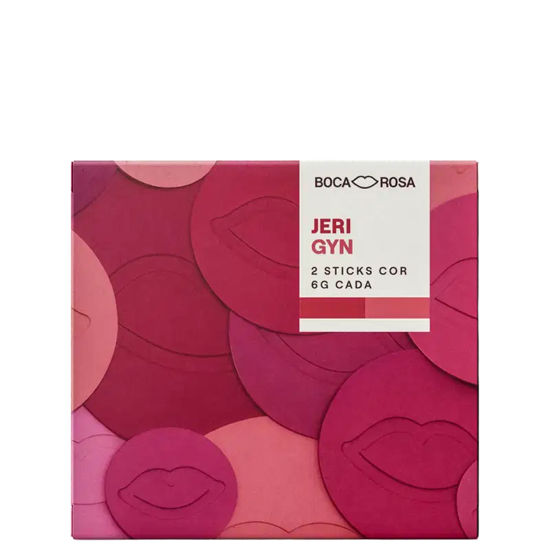 Embalagem Boca Rosa Jeri Gyn com 2 sticks cor rosa e vinho, 6g cada, com design de lábios em relevo e tons degradê de rosa.