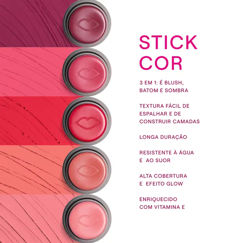 Stick de maquiagem funcional. Pode ser usado como blush, batom e sombra. Apresenta textura fácil de espalhar e garante longa duração.