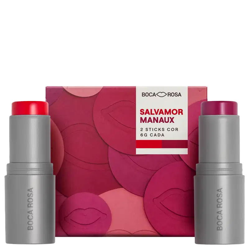 Boca Rosa Salvamor Manaux, kit com 2 sticks cor em embalagem rosa com detalhes em tons de vinho, frascos cilíndricos cinza com tampas vermelhas e vinho.