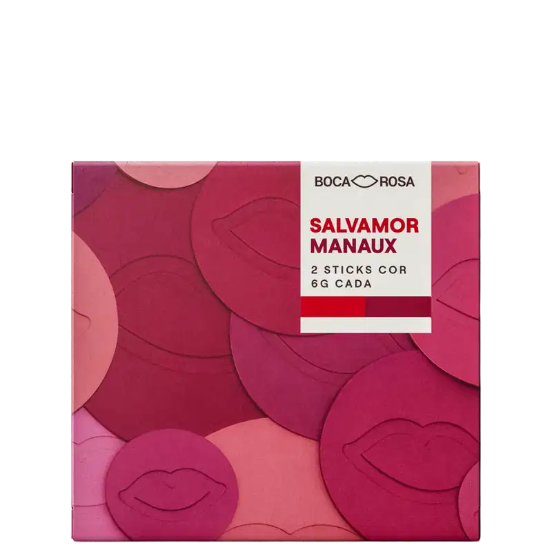 Caixa de blush Salvamor Manaux Boca Rosa com 2 sticks cor de 6g cada, embalagem rosa com detalhes em tons de rosa e vermelho, rótulo branco com texto em vermelho.