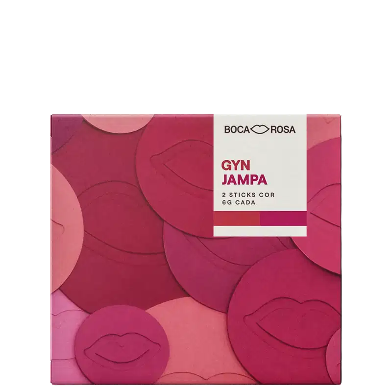 Caixa de Gyn Jampa Boca Rosa com 2 sticks cor de 6g cada, embalagem rosa com padrão de lábios em tons de rosa e magenta.