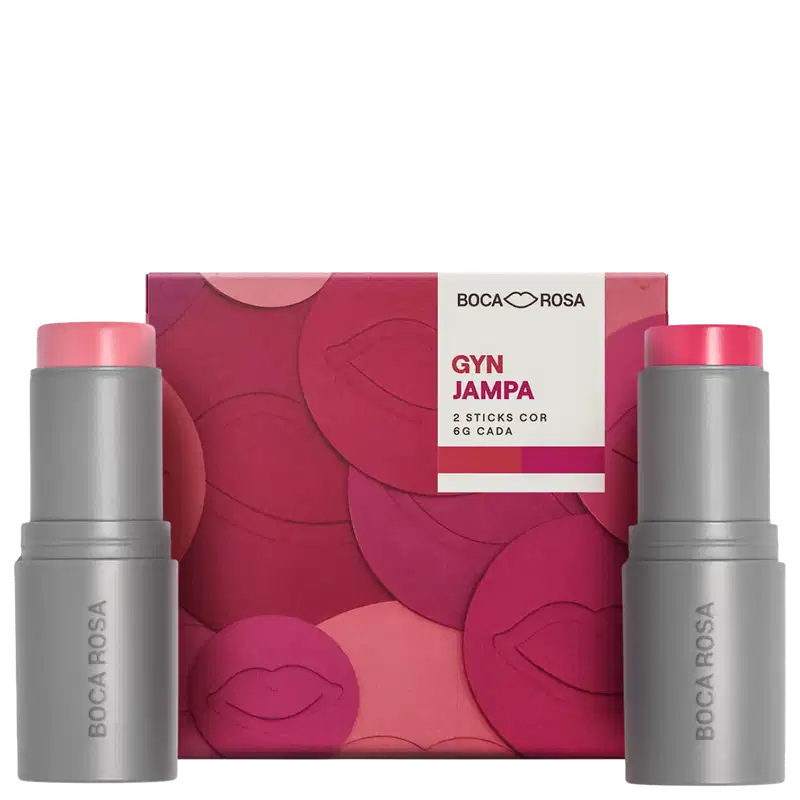Boca Rosa Gyn Jampa, kit com 2 sticks de batom cor rosa em embalagem rosa com detalhes em relevo e frasco cinza com tampa rosa.