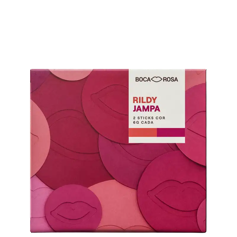Embalagem Boca Rosa Rildy Jampa com 2 sticks cor de 6g cada, caixa rosa com padrão de lábios em tons de rosa e magenta, rótulo branco com informações do produto.