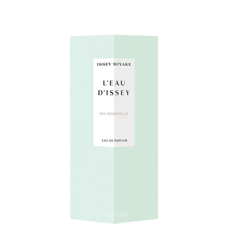 Frasco de item de perfumaria da marca Issey Miyake, com embalagem retangular de cor verde clara e texto branco "L'EAU D'ISSEY" e "EAU ESSENTIELLE" na parte frontal.