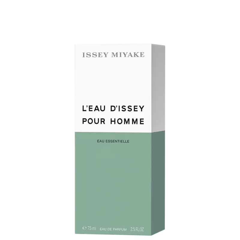 Caixa branca com texto "ISSEY MIYAKE" e "L'EAU D'ISSEY POUR HOMME" em preto e verde, contendo item de perfumaria em embalagem retangular.