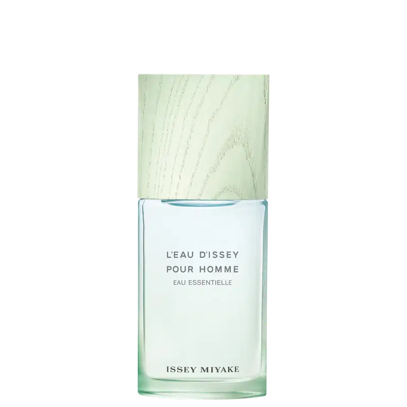Frasco de item de perfumaria da marca Issey Miyake, com formato quadrado, em tons de verde claro, com rótulo em texto branco.