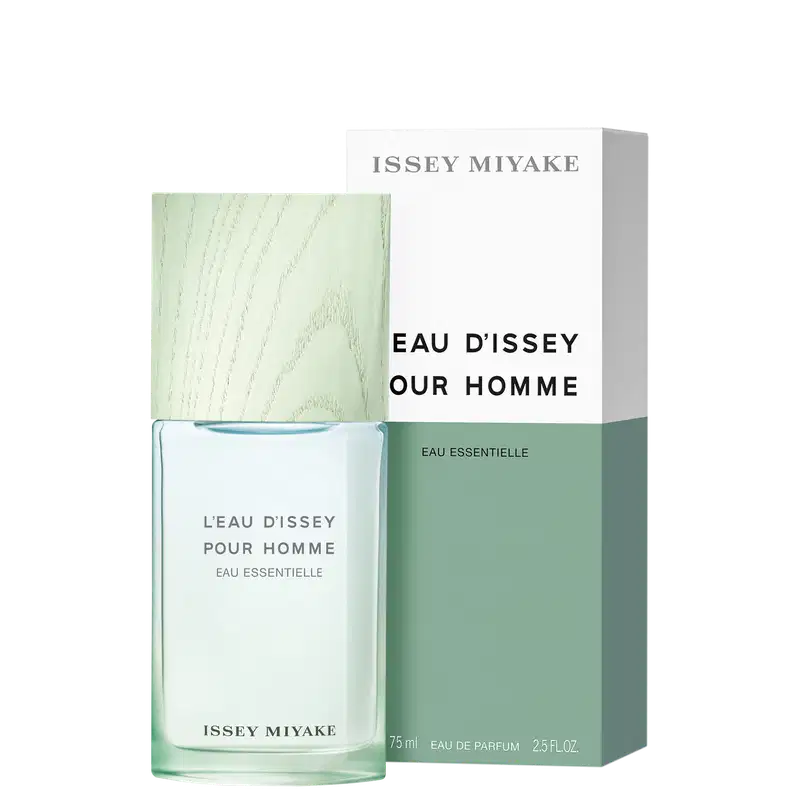 Frasco de item de perfumaria da marca Issey Miyake, com embalagem retangular verde-clara e rótulo branco com texto "Eau d'Issey Our Homme" em preto.