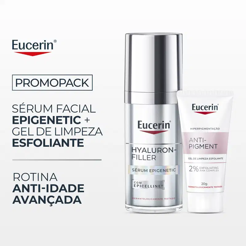 Promopack Eucerin com dois produtos: frasco prateado de Sérum Facial Hyaluron-Filler Epigenetic com Epicelline e tubo branco de Gel de Limpeza Anti-Pigment com 2% AHA Complex de 20g.