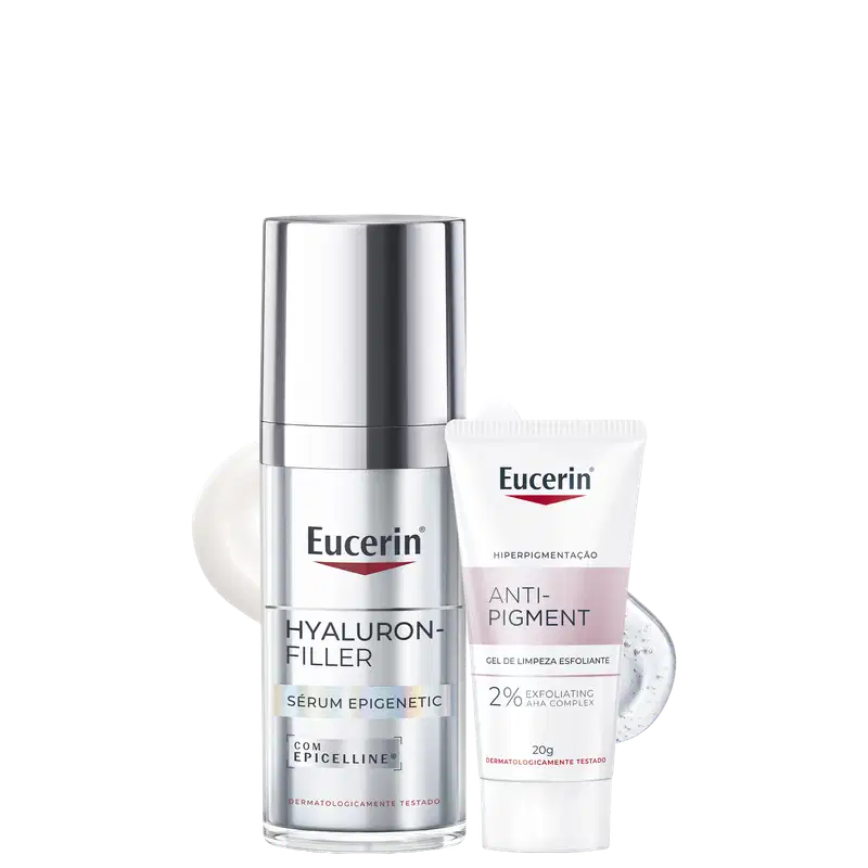 Dois produtos Eucerin: frasco prateado de Hyaluron-Filler Sérum Epigenetic com Epicelline, e tubo branco de Anti-Pigment gel de limpeza esfoliante com 2% AHA Complex, 20g.
