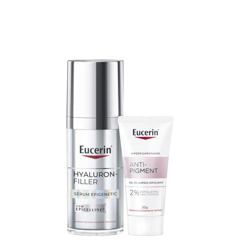 Conjunto Eucerin com dois produtos: frasco prateado de Hyaluron-Filler Sérum Epigenetic com Epicelline e tubo branco de Anti-Pigment com 2% AHA Complex. Embalagens em tons prata e branco com logotipo Eucerin vermelho.