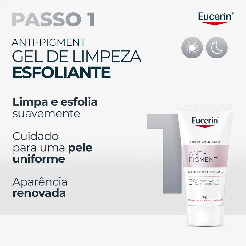 PASSO 1 ANTI-PIGMENT GEL DE LIMPEZA ESFOLIANTE Limpa e esfolia suavemente Cuidado para uma pele uniforme Aparência renovada HIPERPIGMENTAÇÃO ANTI-PIGMENT GEL DE LIMPEZA ESFOLIANTE 2% EXFO
