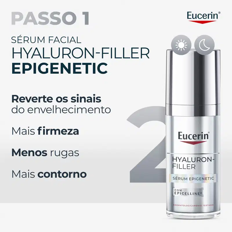 PASSO 1 SÉRUM FACIAL HYALURON-FILLER EPIGENETIC Reverte os sinais do envelhecimento Mais firmeza Menos rugas Mais contorno HYALURON-FILLER SÉRUM EPIGENETIC COM EPICELLINE® DERMATOLOGICAMENTE TESTADO Eucerin