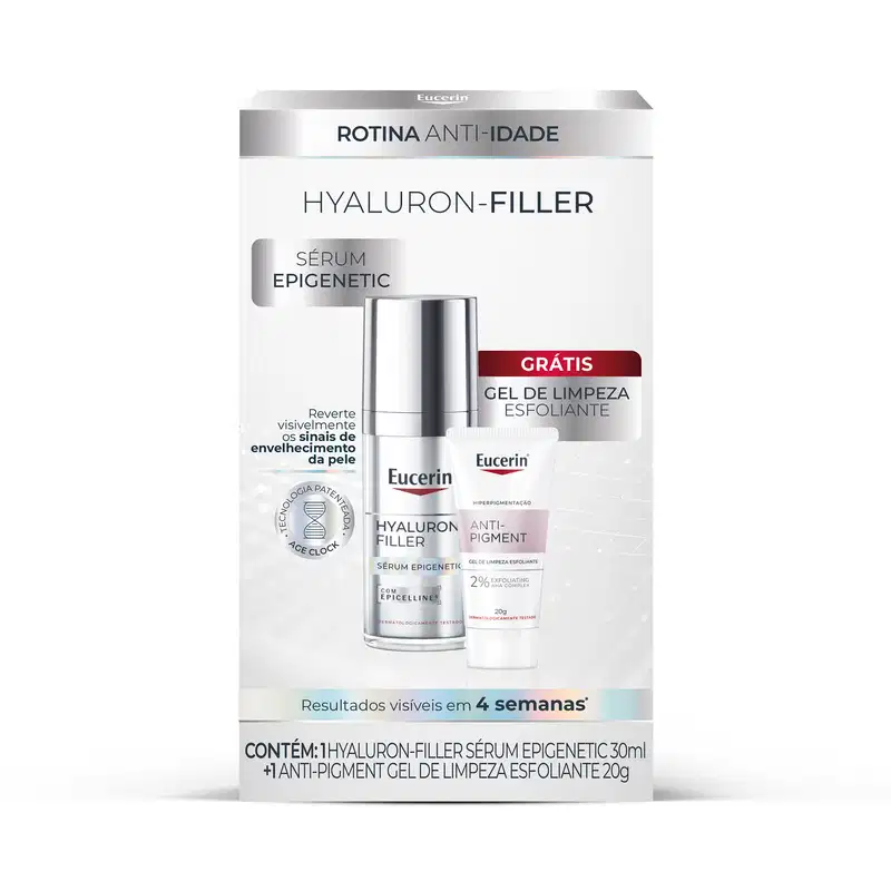 Kit Eucerin Rotina Anti-Idade com Hyaluron-Filler Sérum Epigenetic 30ml e Gel de Limpeza Esfoliante Anti-Pigment 20g. Embalagem branca com detalhes prateados e vermelhos, frascos de vidro e tubo branco.