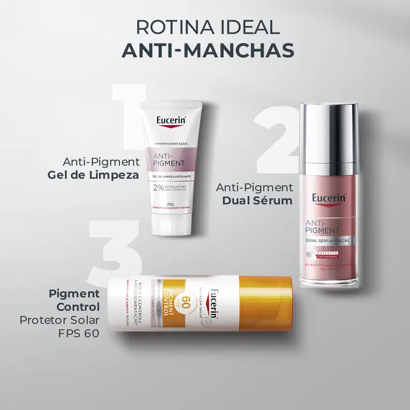 Kit Eucerin anti-manchas com gel de limpeza branco e roxo de 20g, sérum facial com frasco prateado e rosado, e protetor solar bastão FPS 60 dourado e branco.