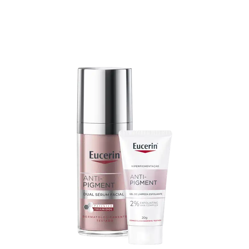 Conjunto Eucerin Anti-Pigment com dois produtos: frasco pump metalizado contendo Dual Sérum Facial com Thiamidol patenteado, e tubo branco com Gel de Limpeza Esfoliante 2% AHA Complex de 20g.