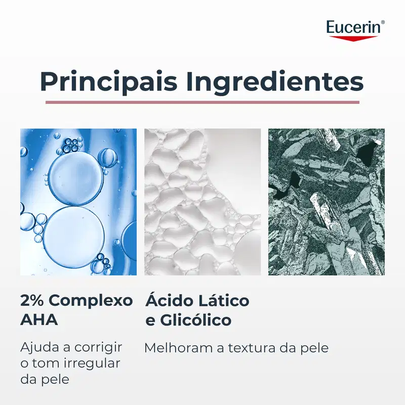 Eucerin Principais Ingredientes 2% Complexo AHA Ajuda a corrigir o tom irregular da pele Ácido Lático e Glicólico Melhoram a textura da pele