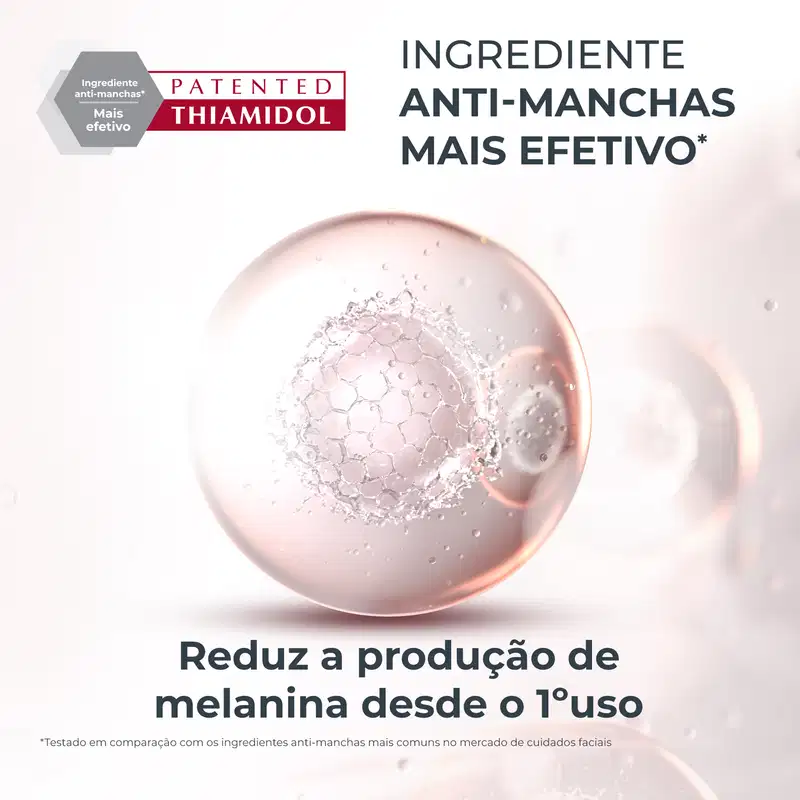 Sérum facial Eucerin com tecnologia Thiamidol: esfera translúcida rosada com textura de bolhas, fundo branco. Textos: "Ingrediente anti-manchas mais efetivo" e "Reduz a produção de melanina".