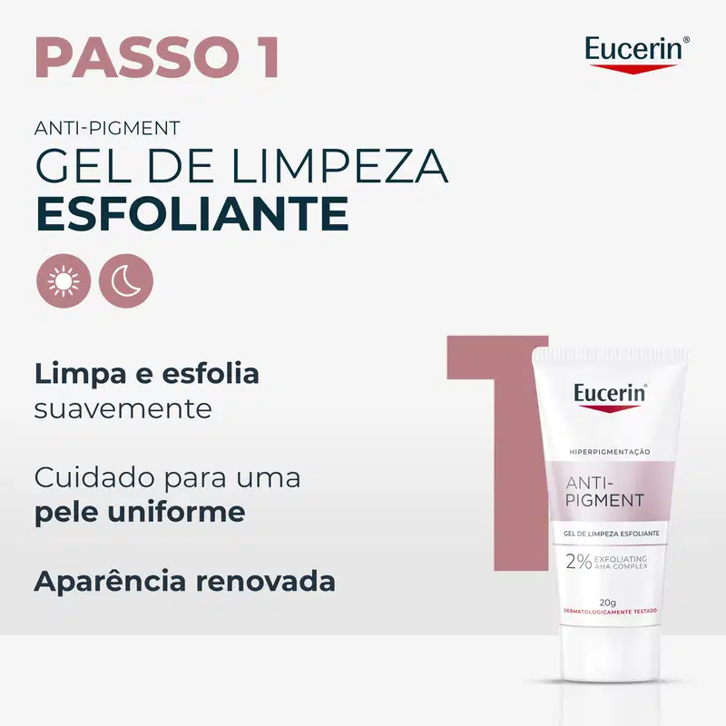 Gel de limpeza esfoliante Eucerin Anti-Pigment em bisnaga branca de 20g, com rótulo rosa e texto "2% Exfoliating AHA Complex". Fundo cinza claro.