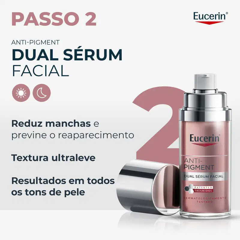PASSO 2 ANTI-PIGMENT DUAL SÉRUM FACIAL Reduz manchas e previne o reaparecimento Textura ultraleve Resultados em todos os tons de pele Eucerin ANTI-PIGMENT DUAL SÉRUM FACIAL PATENTED THIAMIDOL DERMATOLOGICAMENT