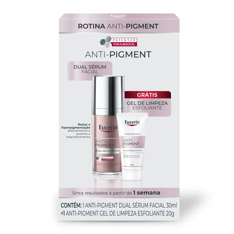 Kit Eucerin Rotina Anti-Pigment com dual sérum facial 30ml e gel de limpeza esfoliante 20g. Embalagem rosa e branca com frascos em tons rosados. Contém Thiamidol patenteado para reduzir hiperpigmentação.