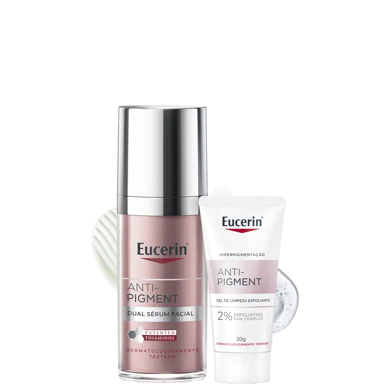 Eucerin Anti-Pigment: sérum facial dual em frasco com bomba e tampa cromada, tom rosado, e gel de limpeza esfoliante 2% AHA em tubo branco de 20g. Produtos dermatologicamente testados.