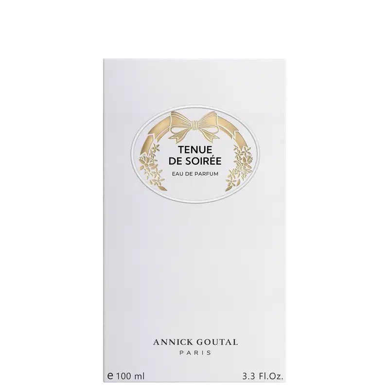 Eau de Parfum Tenue de Soirée da Annick Goutal Paris em embalagem branca com rótulo oval dourado decorado com laço e flores. Frasco de 100ml (3.3 Fl.Oz).