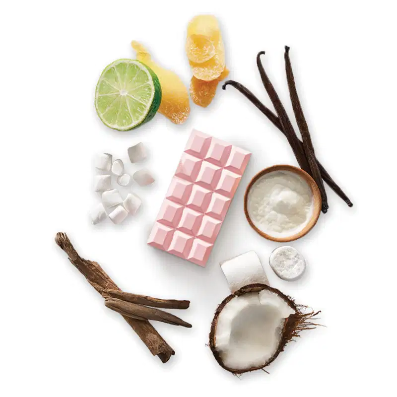 Ambiente de produtos de beleza com ingredientes naturais, como coco, limão, baunilha e marshmallow, em tons pastel, sugerindo uma linha de cosméticos saudáveis e delicados.