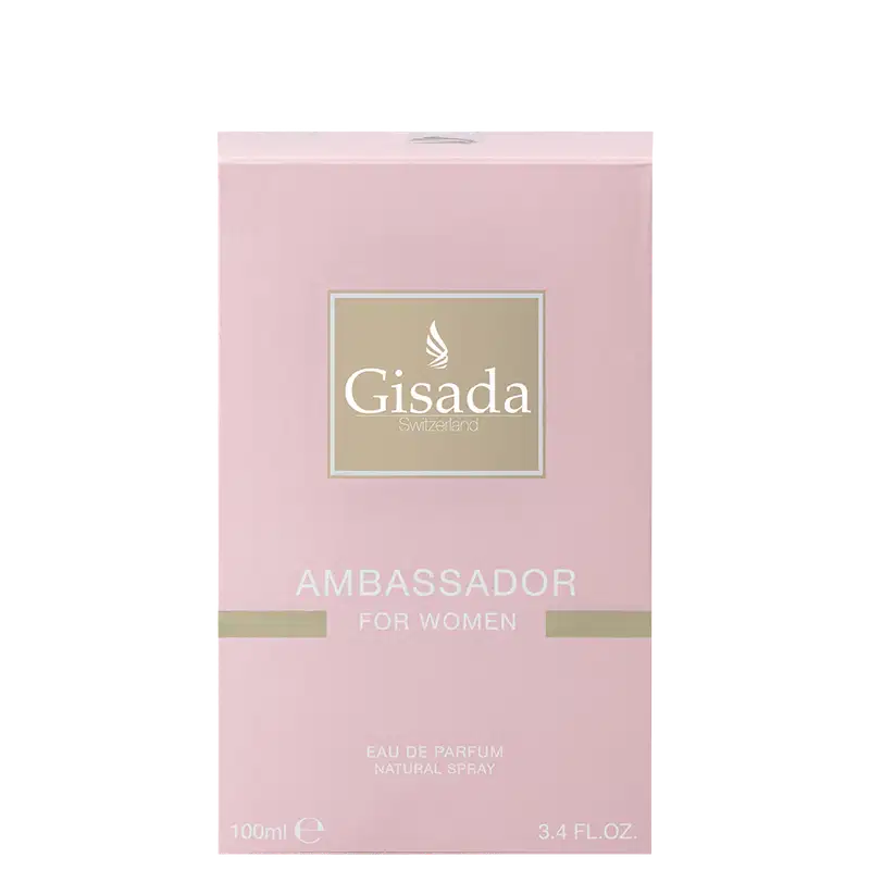 Perfume Gisada Ambassador For Women em embalagem rosa claro com caixa retangular. Frasco de 100ml (3.4 FL.OZ) com spray natural. Rótulo bege com logo Gisada e detalhes em tons neutros.