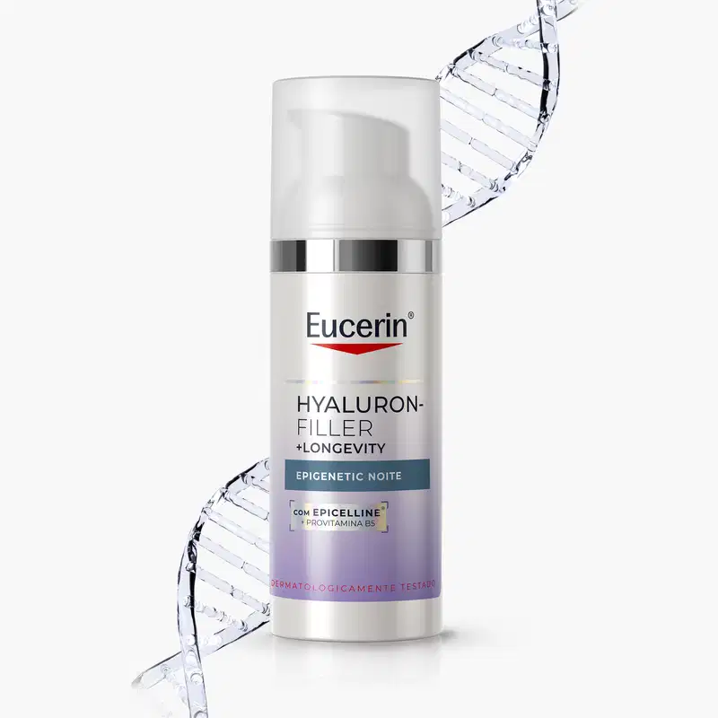 Frasco branco e prateado da linha Eucerin Hyaluron-Filler + Longevity, contendo o produto Epigenetic Noite, com Epicelline e Provitamina B5, dermatologicamente testado.