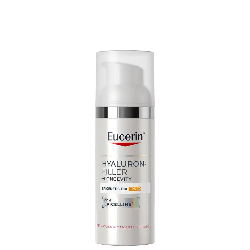Frasco branco com rótulo Eucerin Hyaluron-Filler + Longevity, contendo proteção solar FPS 30 e tecnologia Epigelline, produto dermatologicamente testado.