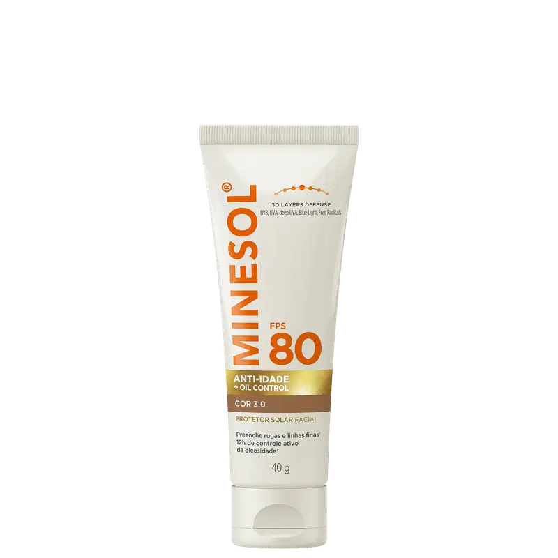 Protetor solar facial Minésol FPS 80, cor 3.0, em tubo branco com detalhes em laranja. Produto anti-idade com controle de oleosidade, 40g. Defesa 3D layers contra UVA, UVB e radicais livres.