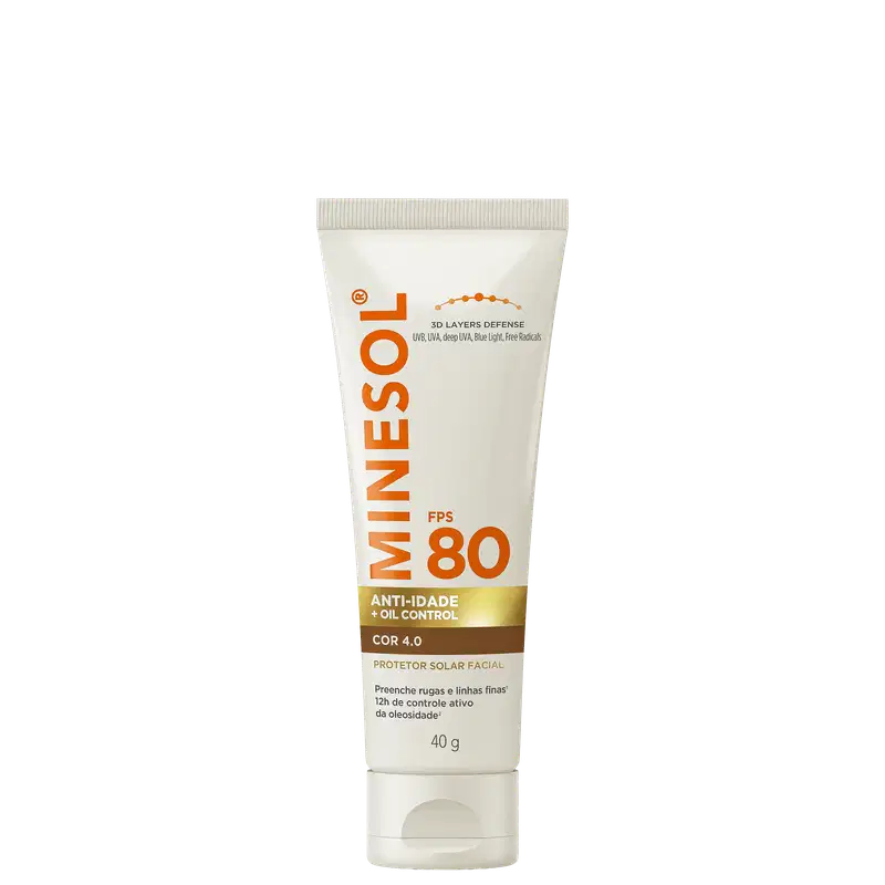 Protetor solar facial Minésol FPS 80, 40g, em tubo branco com tampa rosqueada. Rótulo laranja e dourado indicando "3D Layers Defense", "Anti-idade + Oil Control", cor 4.0 e "Protetor Solar Facial".