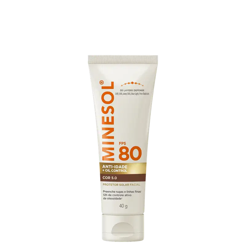 Protetor solar facial Minésol FPS 80 em tubo branco com tampa rosqueada. Embalagem com detalhes em laranja e marrom. Indicado para anti-idade e controle de oleosidade, cor 5.0, 40g.