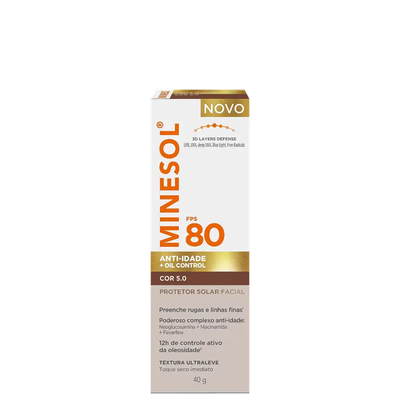 Protetor solar facial Minésol FPS 80 da Neostrata em caixa branca e dourada. Produto anti-idade com oil control, cor 5.0, textura ultraleve. Embalagem de 40g com destaque para 3D Layers Defense.