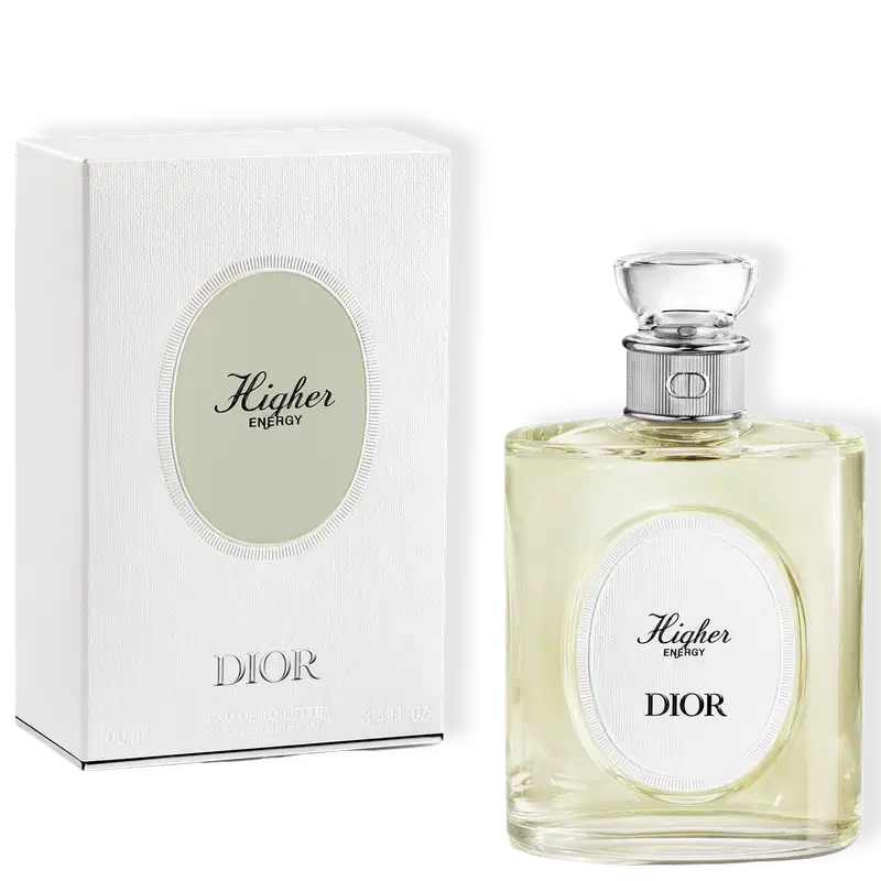 Perfume Dior Higher Energy em frasco de vidro transparente com líquido amarelo claro. Embalagem branca com oval decorativo e logotipo Dior. Frasco com tampa de cristal e anel metálico prateado. Caixa texturizada branca com design minimalista.