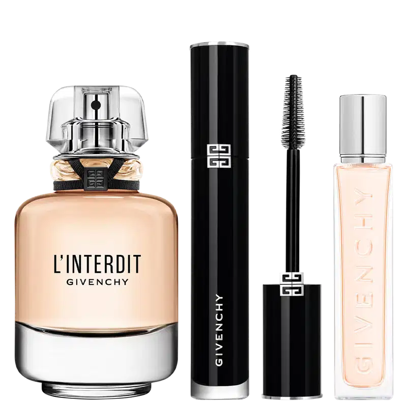 Conjunto de perfumaria Givenchy L'Interdit com frasco bege e branco, mascara preta com logo, e frasco spray rosa claro.