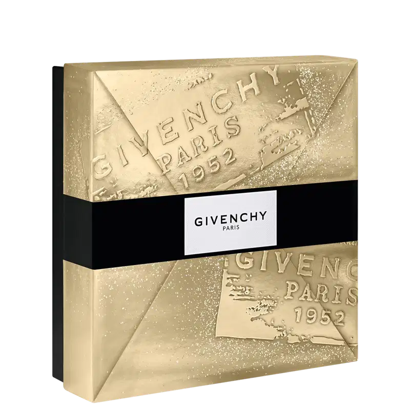 Embalagem de item de perfumaria Givenchy Paris 1952 com caixa dourada texturizada, faixa preta com logo branco e detalhes em relevo.