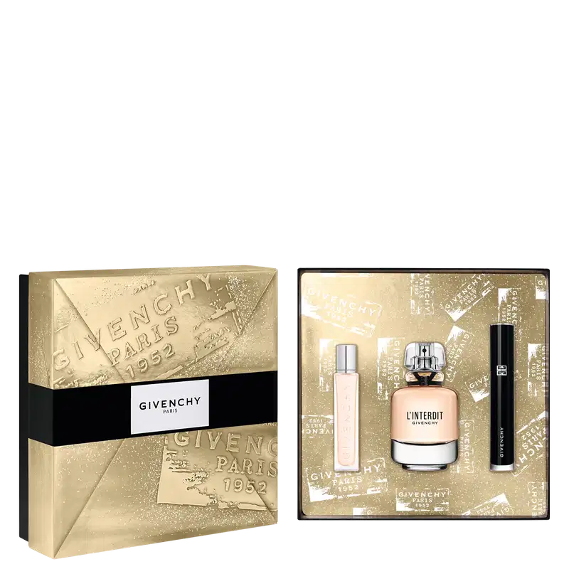 Conjunto Givenchy com caixa dourada texturizada contendo frasco de item de perfumaria L'Interdit, frasco rosa claro e máscara de cílios preta.