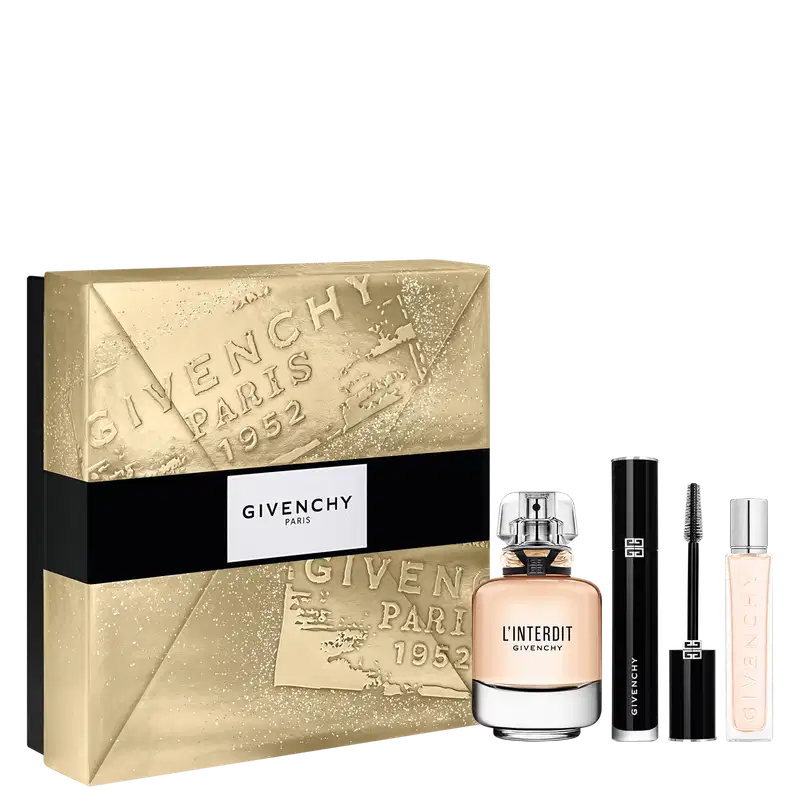Kit Givenchy L'Interdit com caixa dourada texturizada, frasco de perfume bege com tampa cristal, mascara preta, e frasco travel size.