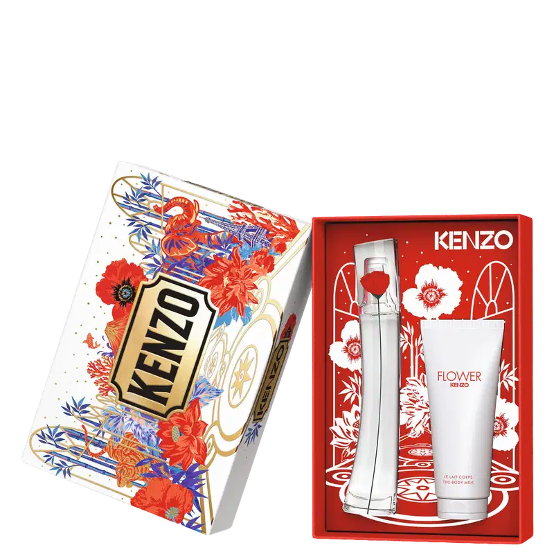 Dois produtos Kenzo Flower: caixa branca com flores vermelhas e azuis contendo frasco de perfume, e caixa vermelha com flores brancas contendo frasco de perfume e loção corporal.