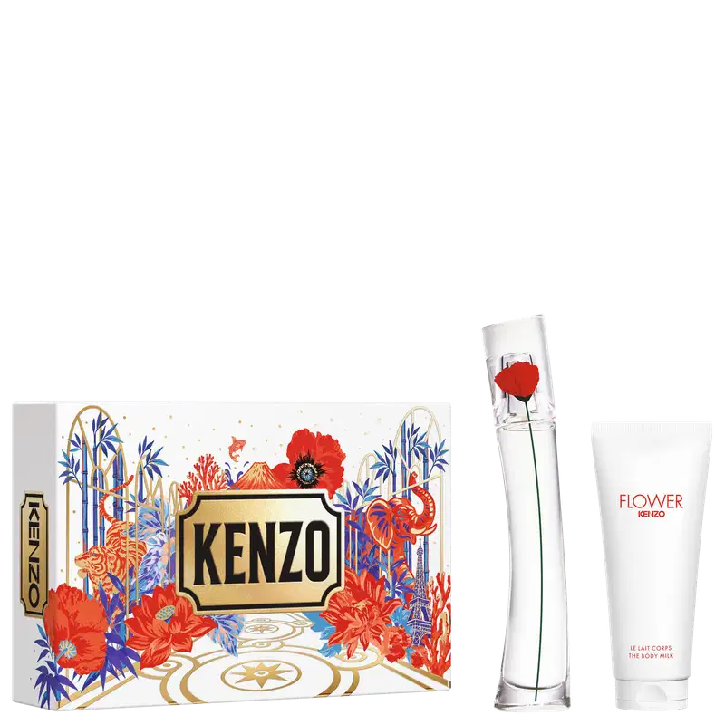 Kit Kenzo Flower com caixa estampada em azul, vermelho e dourado, frasco de perfume com flor vermelha e bisnaga de loção corporal branco.
