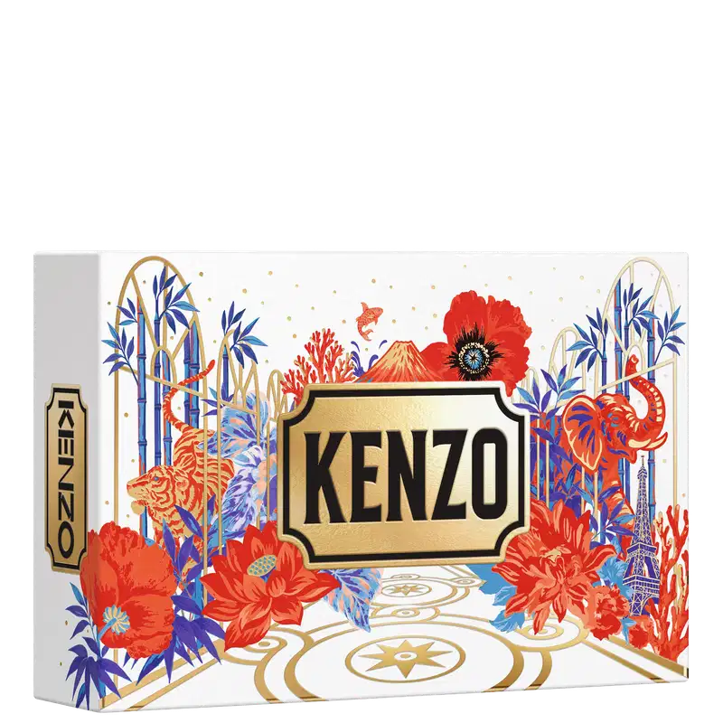 Caixa de item de perfumaria Kenzo com design decorativo em branco, vermelho, azul e dourado, apresentando flores, bambu, koi, com logo Kenzo em destaque central.