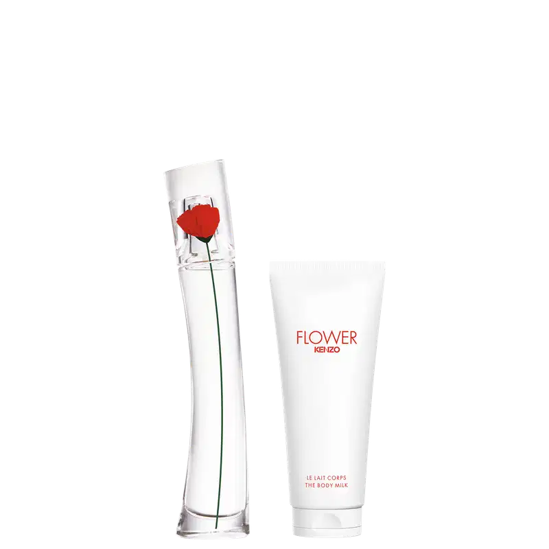 Conjunto Flower Kenzo com frasco cilíndrico transparente contendo item de perfumaria com rosa vermelha e bisnaga branca de loção corporal.