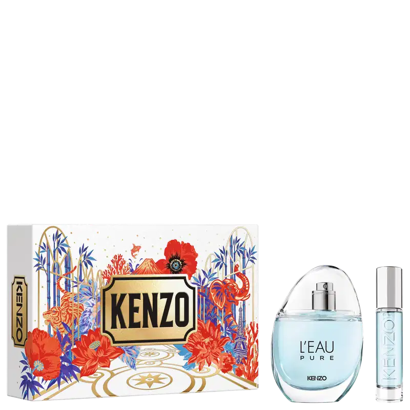 Conjunto Kenzo L'Eau Pure com caixa decorada em azul, vermelho e dourado, frasco de item de perfumaria em vidro transparente com líquido azul claro e frasco spray menor.