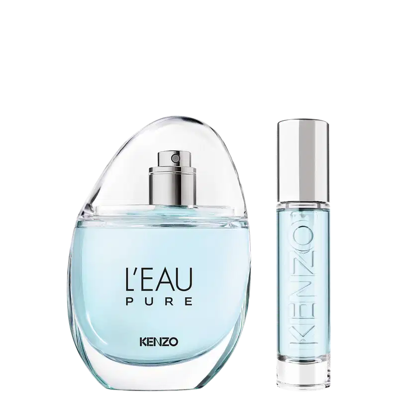 Conjunto de perfumaria Kenzo L'Eau Pure com frasco oval em vidro transparente contendo líquido azul claro e spray prata, acompanhado de frasco cilíndrico menor com rótulo gravado Kenzo.