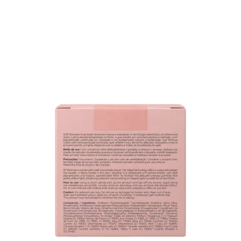 Embalagem rosa de blush Shimmer BT com texto descritivo em português e inglês sobre modo de uso, precauções e ingredientes na parte traseira do produto.