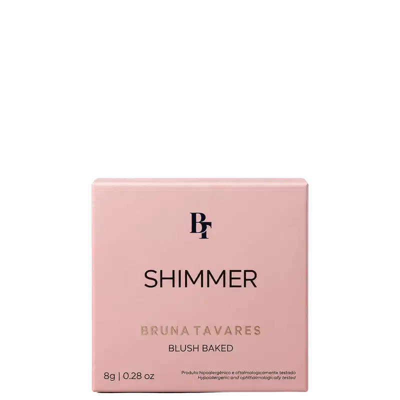 Blush baked Shimmer Bruna Tavares em embalagem quadrada rosa claro com logo BF no topo, 8g, 0.28 oz.